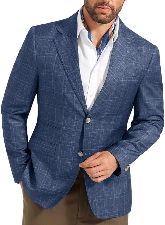 Men's Suit Jacket Blazer Casual Plaid Stripe Slim Fit Party Sport Coats Blazers Single Breasted Mens Tuxedos Jackets Dark Blue XX-Large