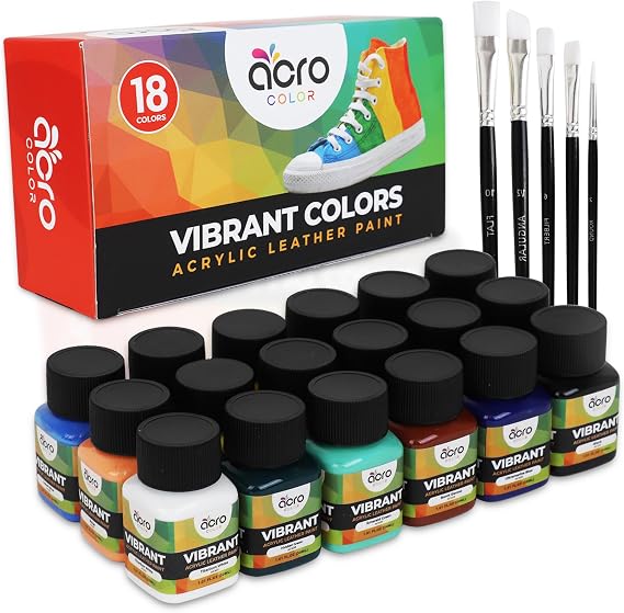 Acrylic Leather Paint for Shoes - 18 Color Leather Paint Kit With 5 Paint Brushes (Deglazer & finisher not Included) - Great Repair Finisher for Shoes,Sneakers, Wallets, Jackets (Vibrant - 18 Colors)