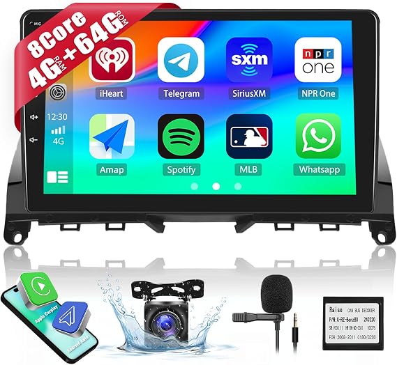 4+64GB Car Stereo for Mercedes Benz C Class W204 C300 C350 C250 C280 2007-2011 with Wireless CarPlay Android Auto 9" IPS Touch Screen for Car Radio with 32EQ Bluetooth 5.0 WiFi GPS FM HD Backup Camera