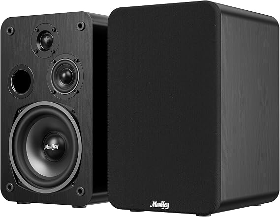 Moukey Passive Bookshelf Speakers (Pair), Peak Power 255W, 3-Way Home Theater Speakers, 2.0 Stereo Near Field Studio Premium Sound, Wooden Wall-Mountable, Black, M20-3