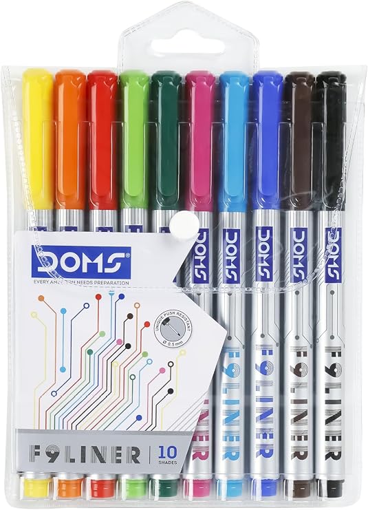 Doms F9 Liner Set of 10 Assorted Shades| 0.5 mm Unique Push Resistant Metal Tip| Water Based Ink| Ideal For Writing, Drawing & Sketching