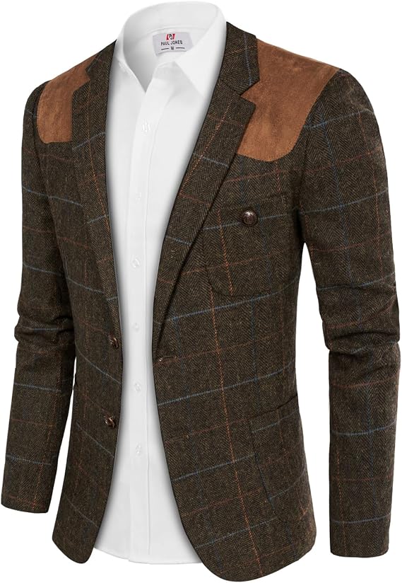 PJ PAUL JONES Mens Blazer Herringbone Sport Coat Wool Blend Suit Jacket | Suede Patchwork, Two Button, Notch Lapel, Soft Warm Material, Wedding Prom Party, Casual Business British Blazer Jacket