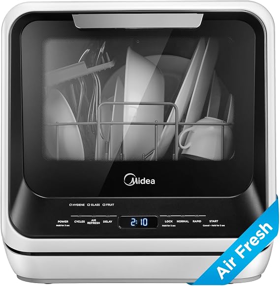 Midea MDC17P0ABB Portable Countertop Mini 1.32Gal Built-in Water Tank, No Hookup Needed, 6 Programs, 360 Dual Spray, 162F High-Temp& Air-Refresh Function, Dishwasher for Apartments& RVs, Black