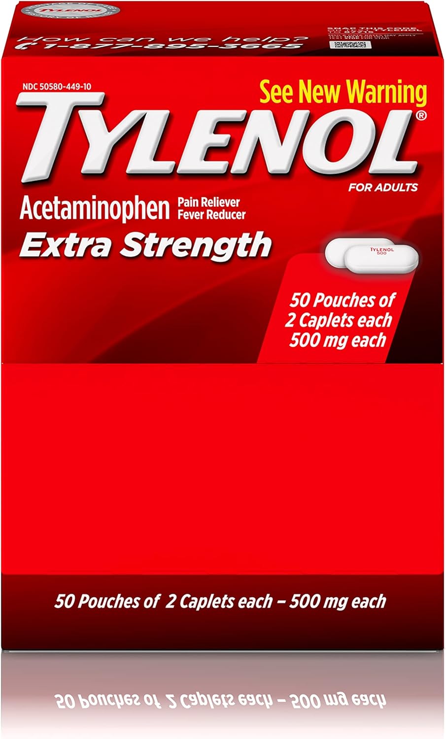 Tylenol Extra Strength Pain Relief Caplets with 500mg Acetaminophen, Pain Reliever & Fever Reducer Medicine for Headache, Backache & Menstrual Pain Relief, 50 pkts of 2 caplets Each, 100 ct