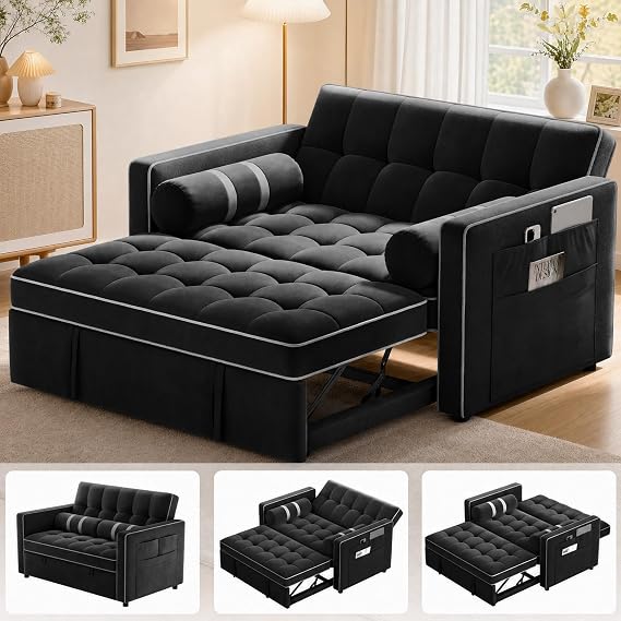 Pipishell 3 in 1 Sleeper Sofa Bed with Adjustable Backrest, Black Velvet | USB & Type-C Ports, Side Pockets, 24" Deep Seat, 5.9" Thick Cushion, Convertible Loveseat for Apartment, Living Room, Office