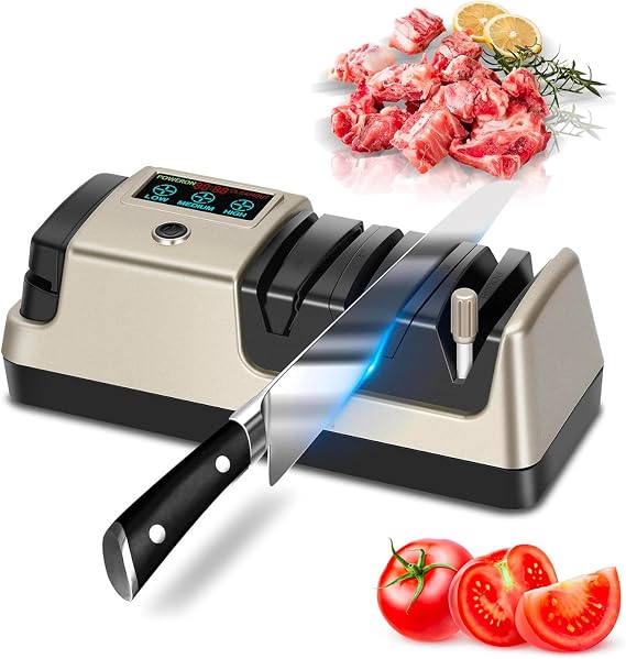 Electric Knife Sharpener 5-in-1 Kitchen Knives Sharpeners with 100% Diamond Abrasives, 3-Speed Variable with LCD Screen for Serrated Lawn Blades Edges, Scissors & Axe, Gold