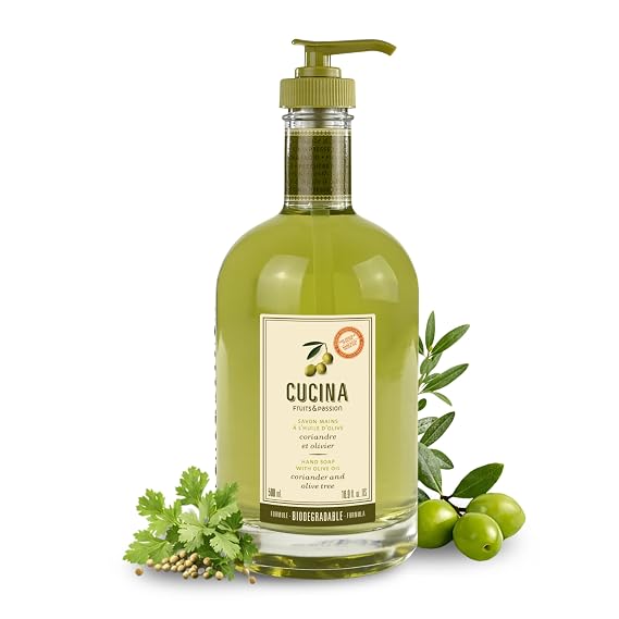 Fruits & Passion [Cucina] - Coriander & Olive Tree Hand Soap, Kitchen Liquid Hand Soap, Vegan, Natural Moisturizing Hand Wash in Glass Hand Soap Dispenser (16.9 fl oz)