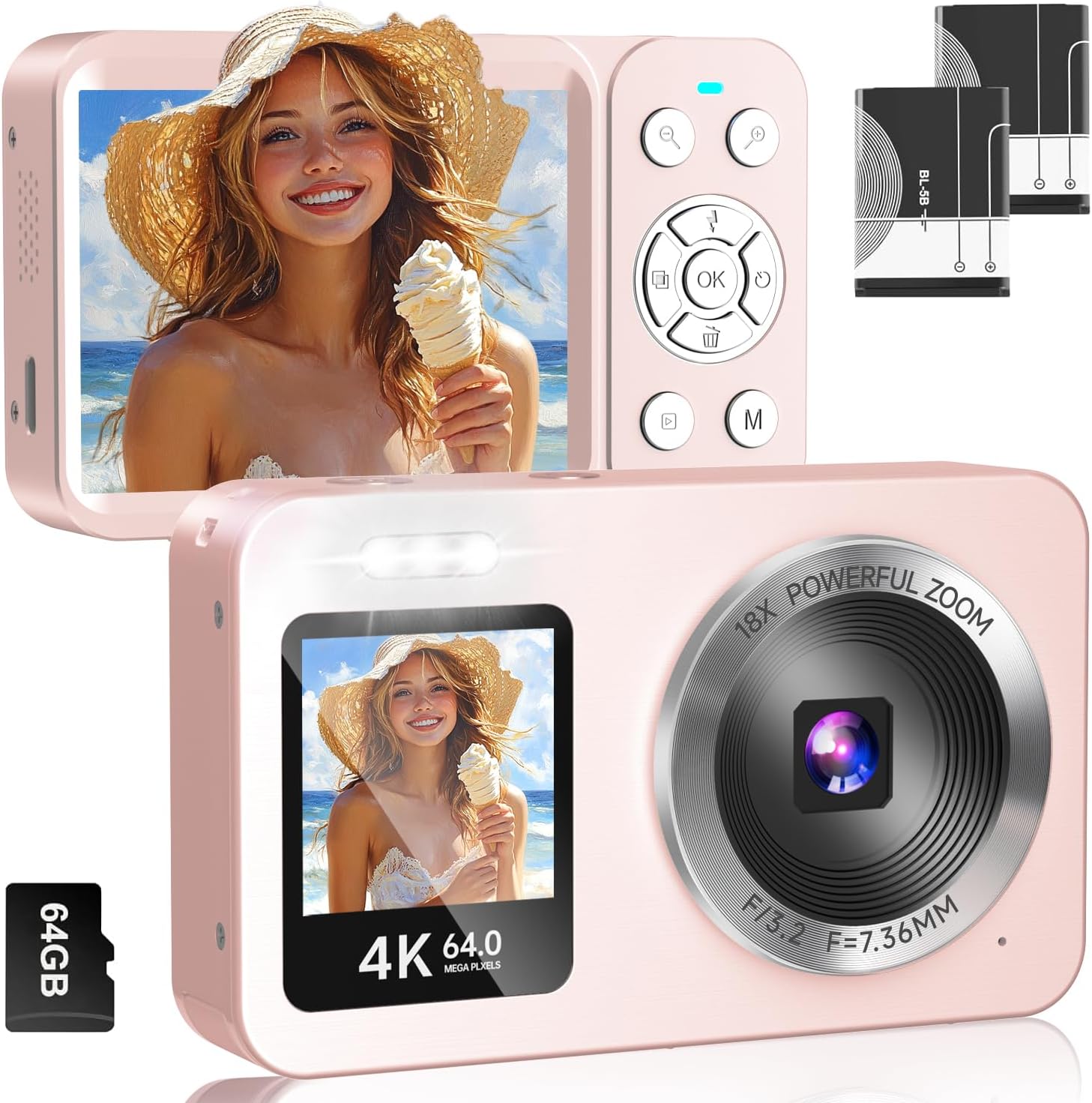 Digital Camera, 4K, 64 Megapixels, 30 FPS, Digital Camera, 64 GB, TF Card Included, Selfie Function, 18X Digital Zoom, 2.8 Inches, IPS Screen, AF Autofocus, Rechargeable YouTube Camera, For Beginners