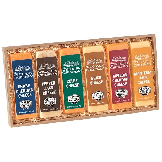 The Wisconsin Cheeseman Assorted Cheese Bars - Pack of 6 Flavors | Sharp Cheddar, Colby, Pepper Jack, Brick, Monterey Jack, Mellow Cheddar - Gift Basket for Adults, Holiday or Thank You Gifts