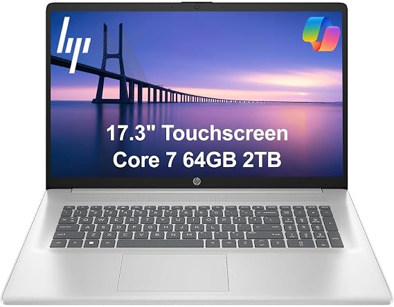 HP 17 Touchscreen Laptop (17.3" HD+ Touch, Intel 10-Core 7 150U (> i7-1355U), 64GB RAM, 2TB SSD) for Business, Home, Students, Narrow Bezel, Webcam, Fast Charge, Wi-Fi 6, Win 11 Pro w/ Copilot, Silver