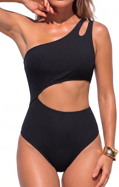 Yonique Cutout One Piece Swimsuit Women - One Shoulder Ribbed Bathing Suit