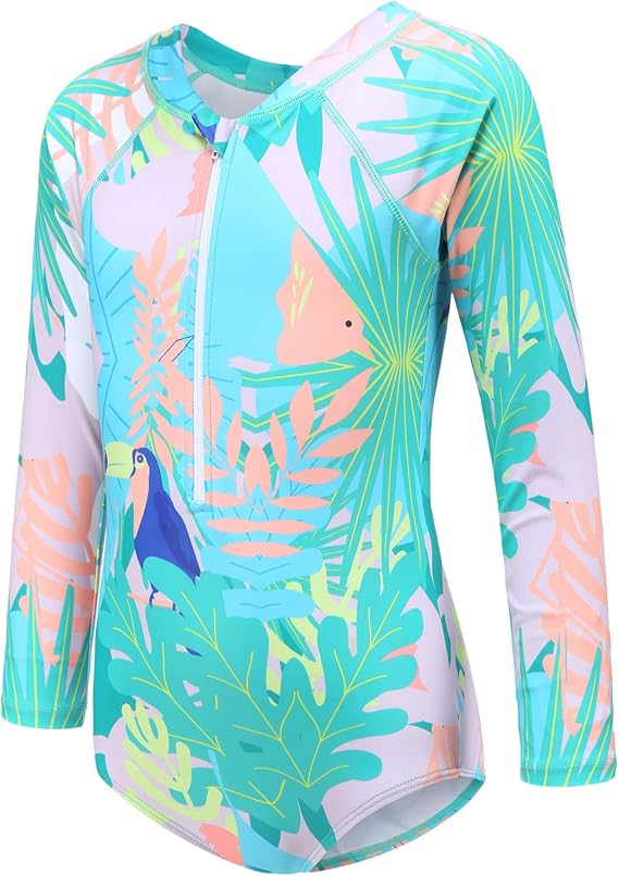 Girls Long Sleeve Rash Guard One Piece Swimsuit Kids UPF 50+ Sun Protection Swimwear Rainbow Striped Bathing Suit 3-14 Years