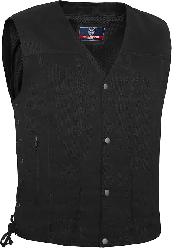 Daniel Smart Biker Vest for Men Motorcycle Blue & Black Denim Vest with Side Laces and Inside Carry Pocket