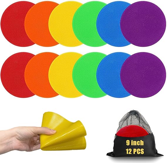 Spot Markers for Sports 9 Inch, 12 Pack, Non Slip Rubber Agility Poly Spots Marker Field Flat Cone for Kids Soccer Basketball Speed Training Outdoor Classroom