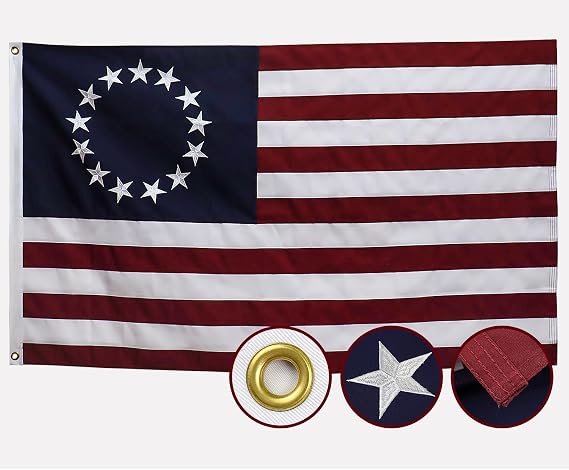 Betsy Ross Flag 3x5 Ft Deluxe Water Resistant Series 13 Stars Made From Heavy Duty Super Tough Spun Polyester/Embroidered Stars/Sewn Stripes/Brass Grommets,US Flags Perfect for Outside