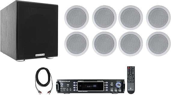 Rockville RPA60BT V2 Receiver with 8 Ceiling Speakers and 8" Subwoofer | 1000W Peak / 250W RMS, Bluetooth, 8 White HC55-16 Speakers, Rock Shaker 8 Subwoofer, RCDR25B 25' RCA Cable, 11-Items
