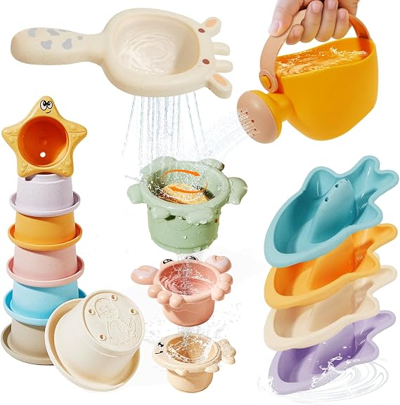 Baby Bath Toys for Kids Ages 1-3, 16PCS Mold Free Bath Toys for Toddler 2-4 & Babies 12-18 Months Bath Cups Watering Can Montessori Bathtub Beach Pool Water Table Toys for 1+ Years Old