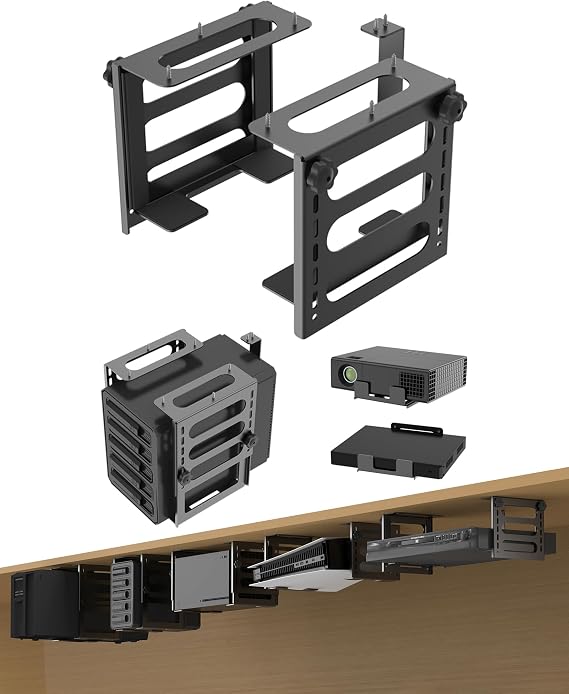 Adjustable Under Desk Mount for NAS, UPS, Battery Backup, Black | Fit for Hard Drive Enclosure, Disk Station, Desktop Tower, CPU, Game Console, Mini Pc, Printer, Audio Interface, AVR