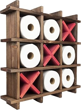 EXCELLO GLOBAL PRODUCTS Rustic Wooden Toilet Paper Holder Tic Tac Toe Design for Wall Mounted or Freestanding Bathroom Tissue Roll Storage Organizer