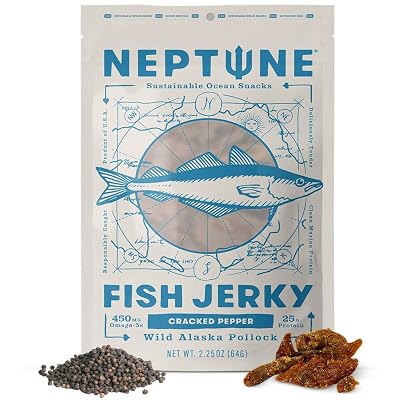 Neptune Fish Jerky - Cracked Pepper - Wild Caught Alaska Pollock 2.25oz | Gluten-Free & Paleo | 25g Protein & 450mg Omega 3s | Sustainably Sourced from Healthy US Fisheries