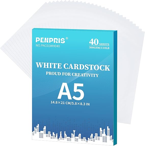 40 Sheets White Cardstock A5 Size 300gsm/110lb Construction Paper | PENPRIS Cover Card Stock Double-sided Heavyweight Paper for DIY Card Making,Invitations, Postcards, Business Cards PAC01WH040