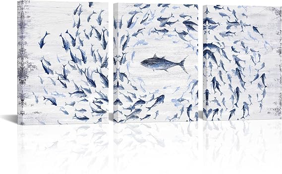 FuShvre Fish Wall Decor Navy Blue Bathroom Wall Art Pictures Coastal Sea Animals Painting for Modern Home Framed 12x16 inches each