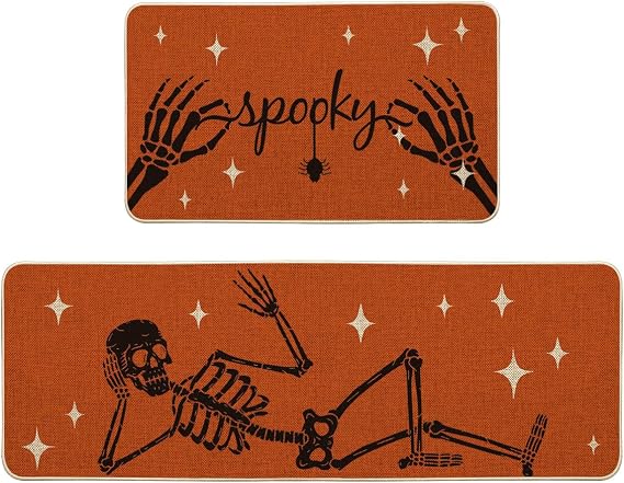 Artoid Mode Skeleton Orange Halloween Kitchen Mats Set of 2-17x29+17x47