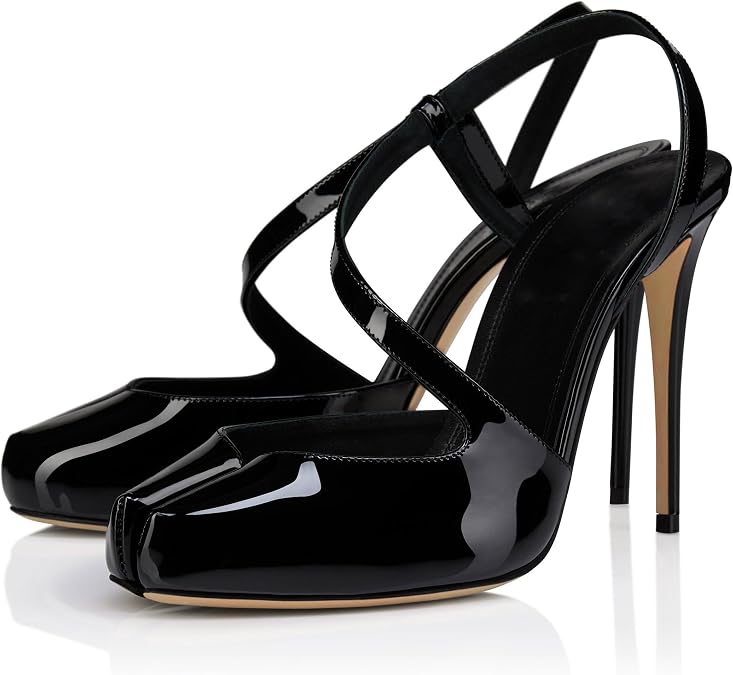 Vertundy Women's Black Slingback Heels 4-inch Stiletto High Heel Pumps Closed Toe Heels Patent Leather Strap Buckle Sandles Party Wedding Bride Pumps