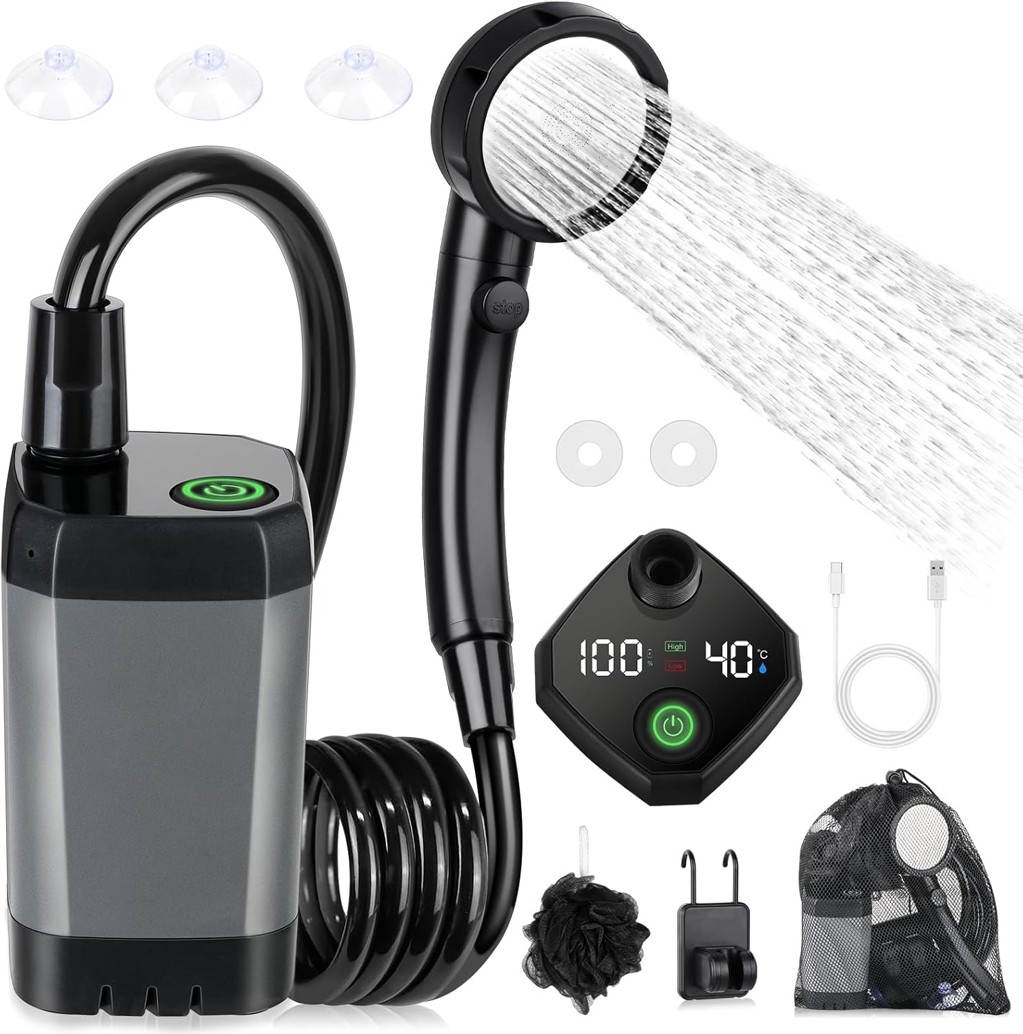 Tipkook Portable Shower USB Rechargeable, 6,000 mAh, Outdoor, Electric Shower, Stepless Water Flow Mode, 4 Water Flow Modes, 2 M Hose, Simple Shower, Digital Screen, Includes Direct Head & Storage