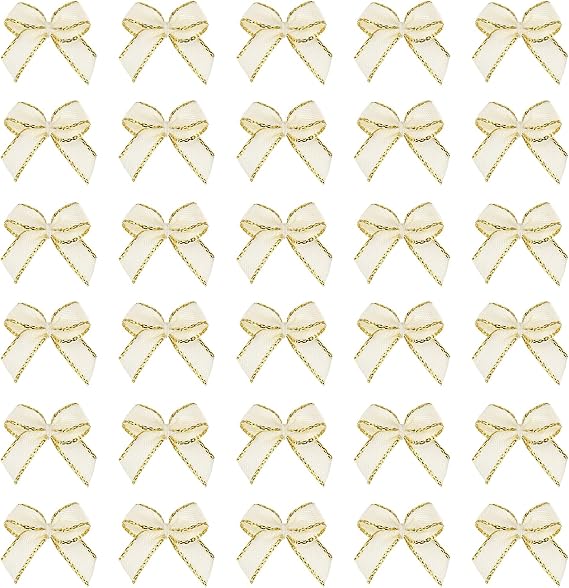 MECCANIXITY Mini Metallic Edge Ribbon Bow. 22x23mm Satin Gold Edge Ribbon Bow Appliques for Crafts DIY Hair Bows Sewing Wedding Party Christmas Decoration, (Pack of 50, Beige)