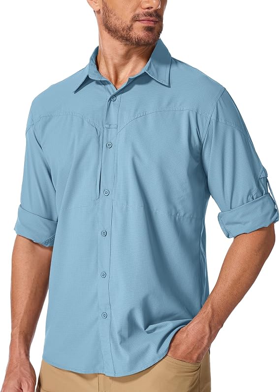 Men's Safari Shirts Sun Protection Long Sleeve UPF 50 UV Quick Dry Travel Hiking Fishing Shirts with Zipper