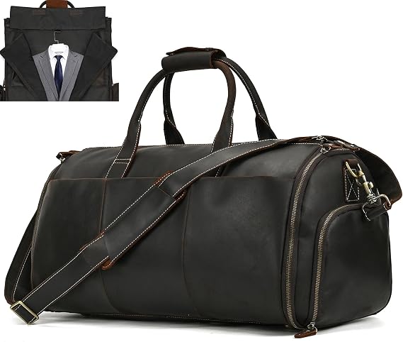 Leather Garment Bag for Men, Convertible Carry on Garment Duffel Bag for Travel Weekender Bag 2 in 1 Hanging Suitcase Suit Bag, 2201 Dark Brown