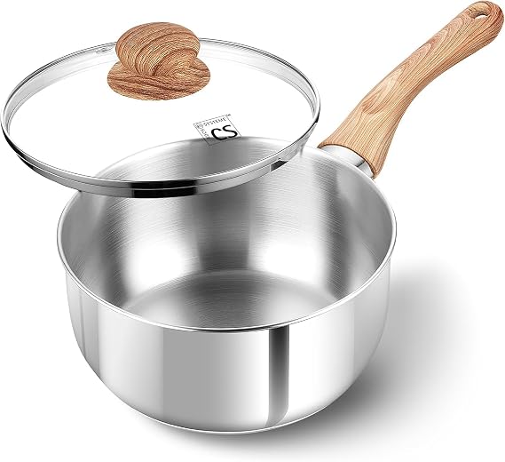 KOCH SYSTEME CS Stainless Steel Saucepan, 1 Quart Saucepan with Lid & Heat-resistant Bakelite Handle, Tri-ply Bottom Steel Sauce Pan with Lid, Induction Ready, Stainless Steel Pot 1QT