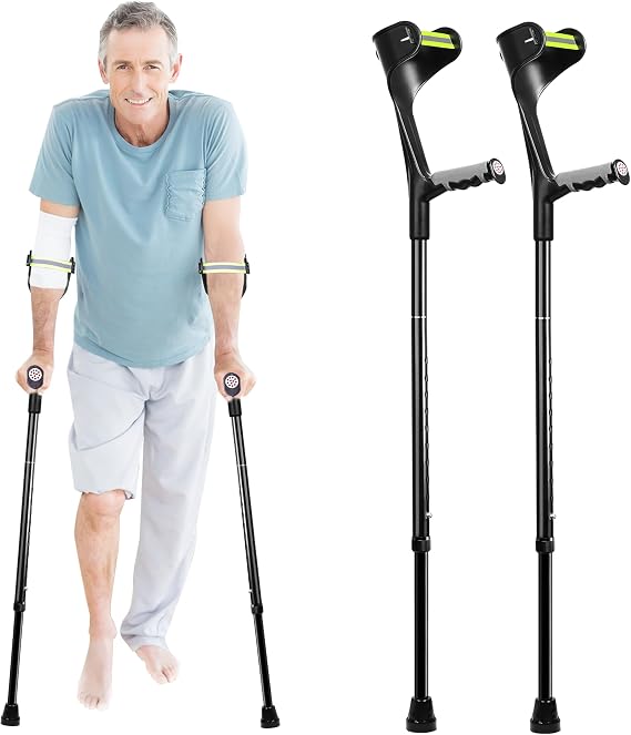 Forearm Crutches for Adults (1 Pair) Adjustable Arm Crutch with Soft Handle Non-Slip Base and Anti-Dorp Cuff, Lightweight Aluminum Arm Crutch, Portable and Foldable Crutches for Walking