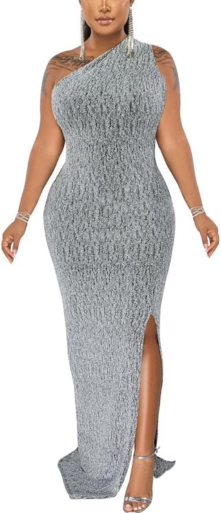 Formal Dress for Women Elegant Sparkly One Shoulder Sleeveless High Split Cocktail Party Prom Dresses