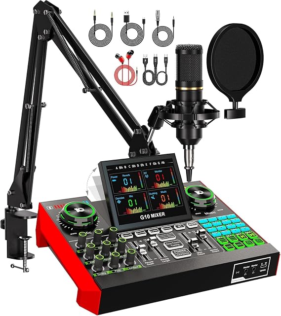 Podcast Equipment Bundle with 3.5mm BM800 Condenser Microphone for Pc/Phone Live Streaming Singing Gaming, Podcast Microphone Bundle with Live Sound Board Audio Mixer,Voice Changer, Denoise,DJ Sets