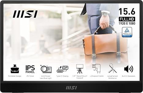 msi Pro MP161 E2 Portable Monitor, 15.6" FHD IPS 1080p, USB Type-C, Mini-HDMI, Built-in Speakers, Perfect for PC, Mac, PS5, PS4, Xbox, Mobile, Metal Gray