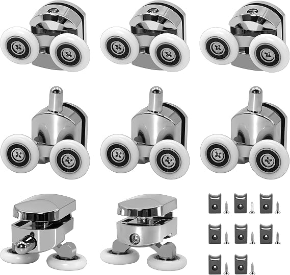 8Pcs 23mm Shower Door Rollers Replacement, Sliding Glass Door Wheels for Curved Shower Enclosures, Bathroom Roller Runners, Fits 4-6mm Glass, Anti-Collision Block (4 Top and 4 Bottom Rollers)
