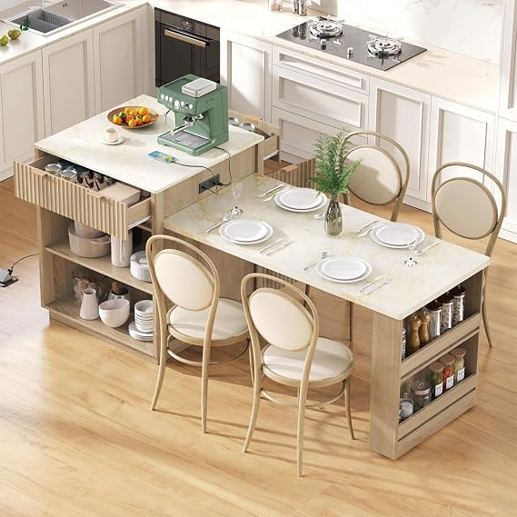 82.6" Fluted Rolling Kitchen Island with Extendable Dining Table for 2-6, Island Table with Power Outlets and Storage Cabinet, Kitchen Cart with Double-Side Storage and Drawers (Natural)
