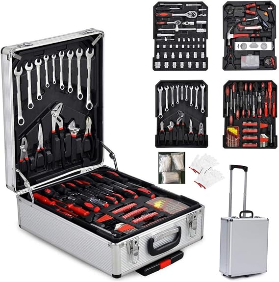 799 pcs Rolling Tool Kit Set, Portable DIY Mechanics Hand Tool with Aluminum Trolley Case, Auto General Repair Socket Wrench Hand Tools Box Organizer for Home, Shop, Workplace Use
