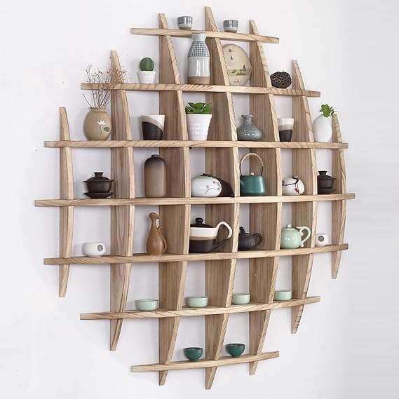 Solid Wood Tea Cup Holder Wall Mounted Mug Display Shelf | Space Saving, Holds 150kg, Chinese Style, Fits Most Cups Tea Sets Plants, Ideal for Kitchen Office Living room Commercial