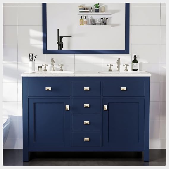 Eviva Artemis 48 inch Double Sink Bathroom Vanity Blue Freestanding Bathroom Vanities 48 inch with Sink - Pre-Assembly Bathroom Vanity with Sink W/White Carrara Style Man-Made Stone Countertop
