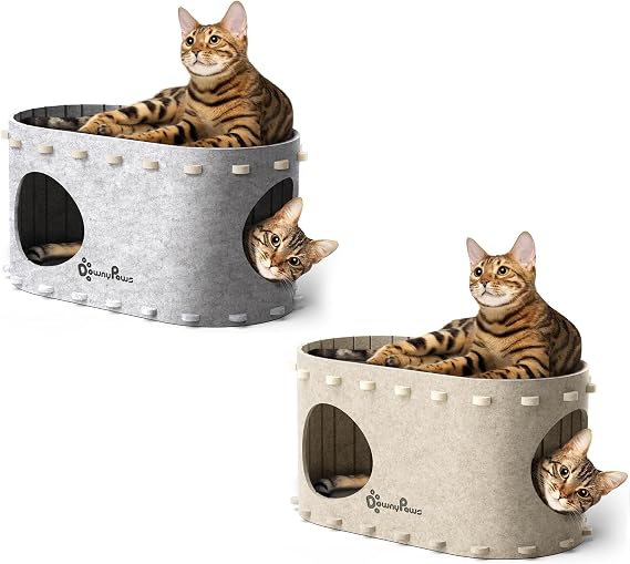 DownyPaws Cat House for Indoor Cats, Cat Bed Cave for Multiple & Large Cats Up to 22 Lbs, Scratch Resistant Peekaboo Cat Caves, Foldable Cat Tunnel Enclosed Bed, PeekaPurr, Cream and Marble