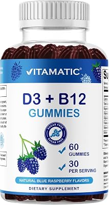 Vitamatic Vitamin D3  B12 Gummies Natural Blue Raspberry Flavor 60 Gummies with Folate & Vitamin B6 Made in The USA