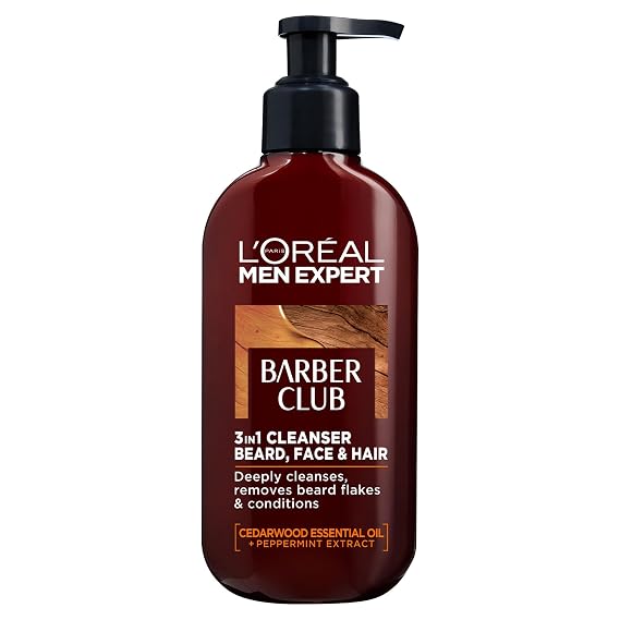 LOreal Paris Men Expert Cleansing 3-in-1 Beard, Face & Hair Wash 200ml, Barber Club Wash With Cedarwood Essential Oil, Deeply Cleanses and Removes Beard Flakes