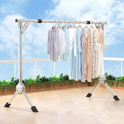 Indoor Outdoor Clothes Drying Rack Foldable - Extendable Single Pole Laundry Drying Rack - Heavy Duty Stainless Steel Garment Rack for Drying Outdoors, Storing Indoors,H:136cm54,W:2.4M7.87F
