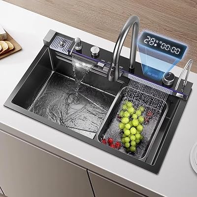 Kitchen Black 31.5x 18 Single Bowl Farmhouse Sink - Stainless Steel Multifunctional Utility Sink With Waterfall and Temperature Display - Accessories Included