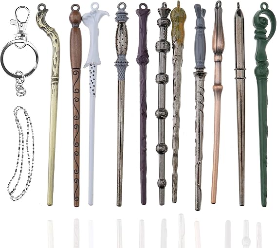 Mini Magice Keychian Wands Set -11PCS /Set Creative Cosplay Magic Wands Stick with Metal Core Magical Wands with Keychain Necklace Collection Set