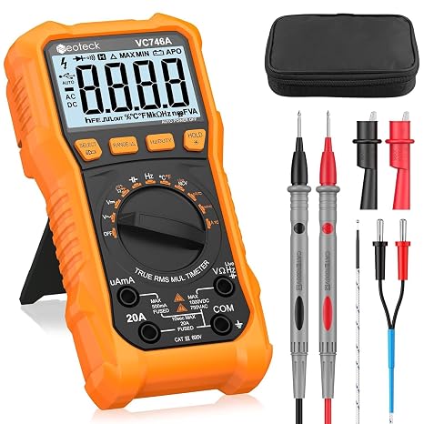 Neoteck Digital Multimeter 6000 Counts TRMS Auto Range NCV Live Detector, AC/DC Voltage Current Meter with Temperature, Capacitance, Resistance, Continuity Test, Backlight & Flashlight – Orange