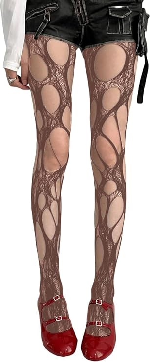 Women's Ripped Fishnet Tights, Irregular Distressed Hole Mesh Stockings, Y2k Lace Sheer Pantyhose
